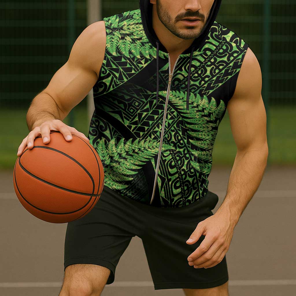 New Zealand Rugby Pacific Personalised Sleeveless Zip Hoodie All Lime Maori Pasifika Fern Pattern - Polynesian Pride