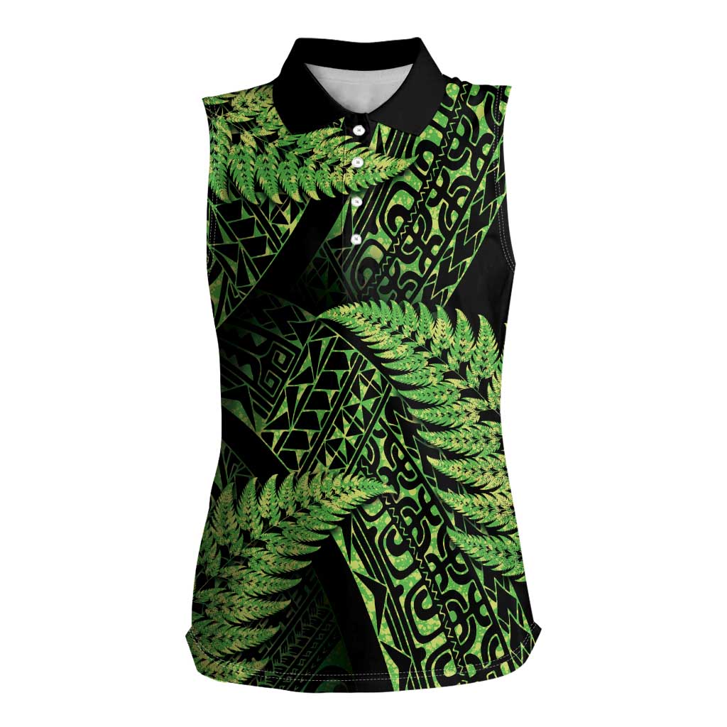 New Zealand Rugby Pacific Personalised Women Sleeveless Polo Shirt All Lime Maori Pasifika Fern Pattern