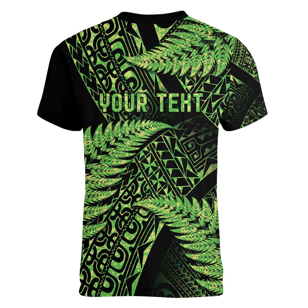 New Zealand Rugby Pacific Personalised Women V-Neck T-Shirt All Lime Maori Pasifika Fern Pattern
