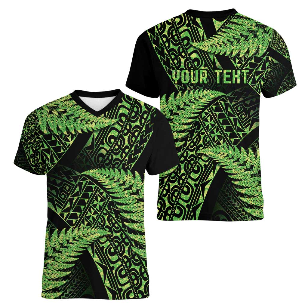 New Zealand Rugby Pacific Personalised Women V-Neck T-Shirt All Lime Maori Pasifika Fern Pattern
