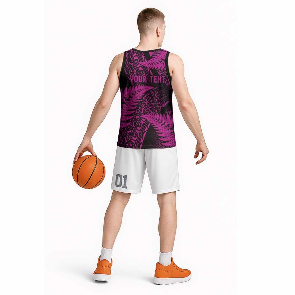 New Zealand Rugby Pacific Personalised Basketball Jersey All Pink Maori Pasifika Fern Pattern - Polynesian Pride