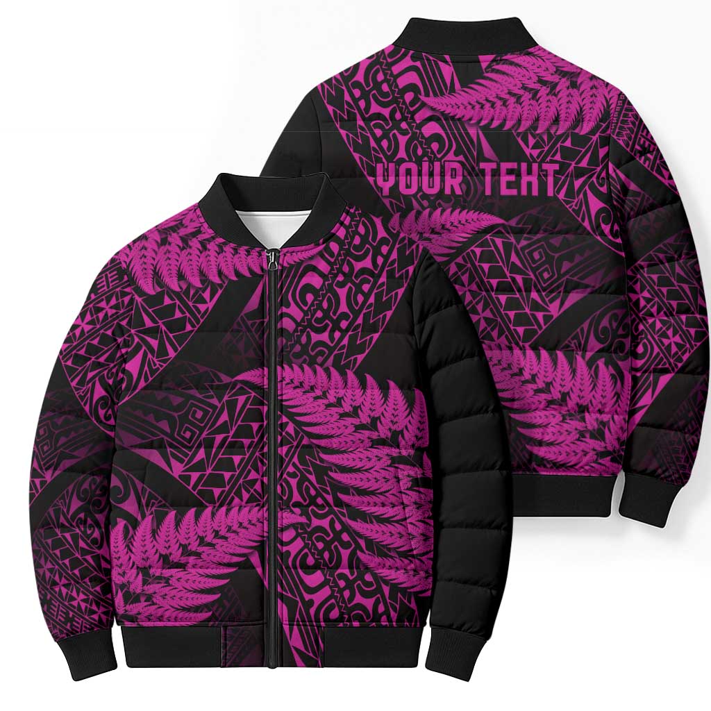 New Zealand Rugby Pacific Personalised Bomber Puffer Jacket All Pink Maori Pasifika Fern Pattern - Polynesian Pride