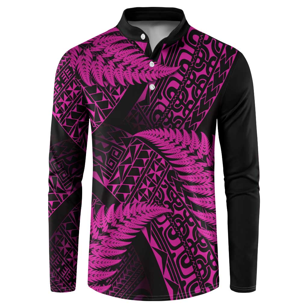 New Zealand Rugby Pacific Personalised Button Sweatshirt All Pink Maori Pasifika Fern Pattern