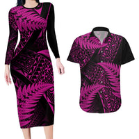 New Zealand Rugby Pacific Personalised Couples Matching Long Sleeve Bodycon Dress and Hawaiian Shirt All Pink Maori Pasifika Fern Pattern