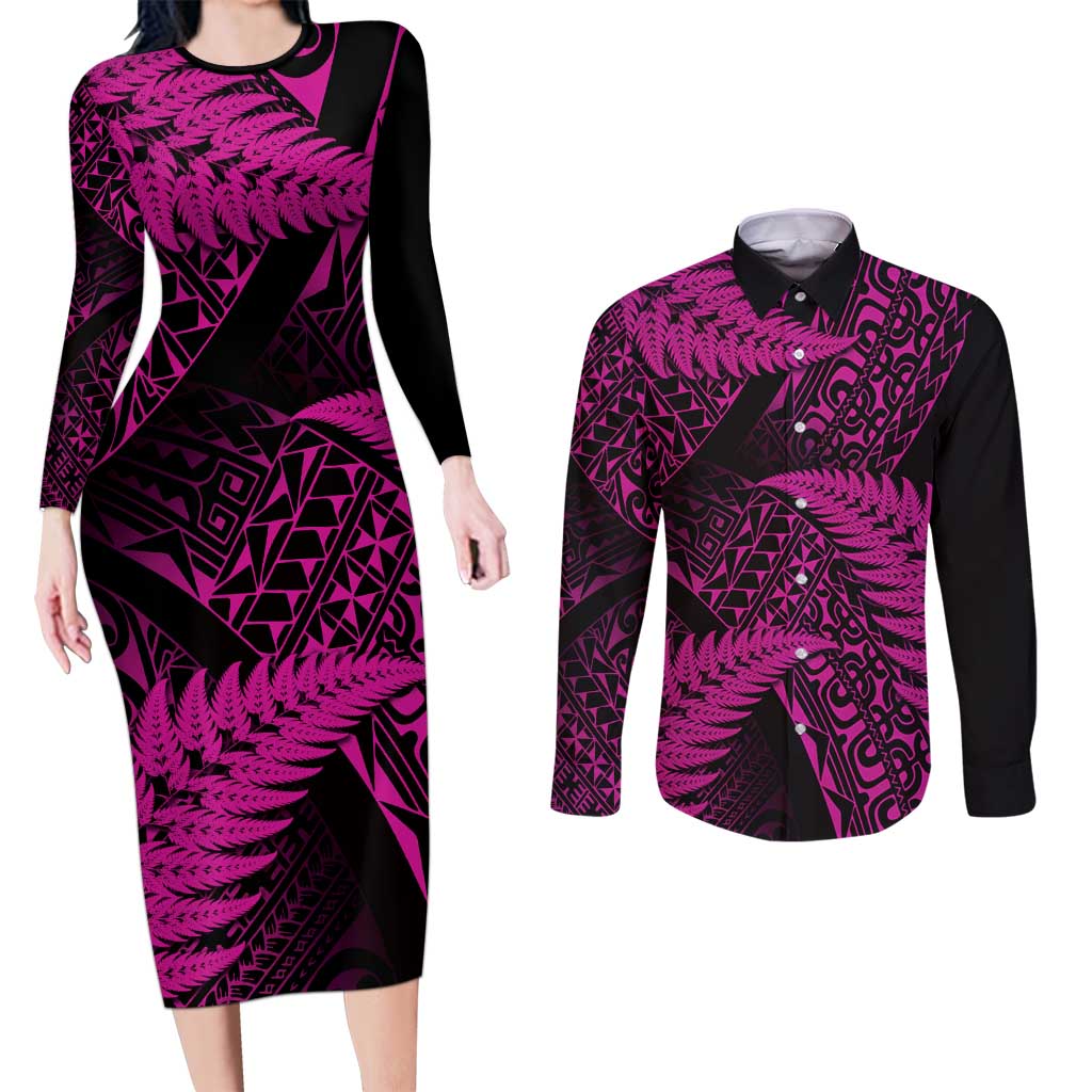 New Zealand Rugby Pacific Personalised Couples Matching Long Sleeve Bodycon Dress and Long Sleeve Button Shirt All Pink Maori Pasifika Fern Pattern