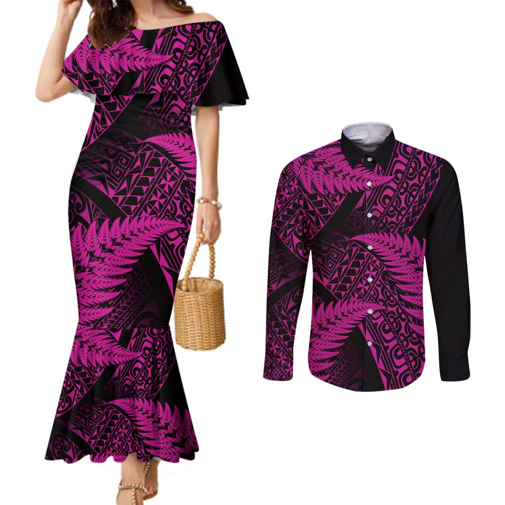 New Zealand Rugby Pacific Personalised Couples Matching Mermaid Dress and Long Sleeve Button Shirt All Pink Maori Pasifika Fern Pattern