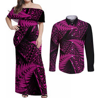 New Zealand Rugby Pacific Personalised Couples Matching Off Shoulder Maxi Dress and Long Sleeve Button Shirt All Pink Maori Pasifika Fern Pattern