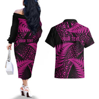 New Zealand Rugby Pacific Personalised Couples Matching Off The Shoulder Long Sleeve Dress and Hawaiian Shirt All Pink Maori Pasifika Fern Pattern
