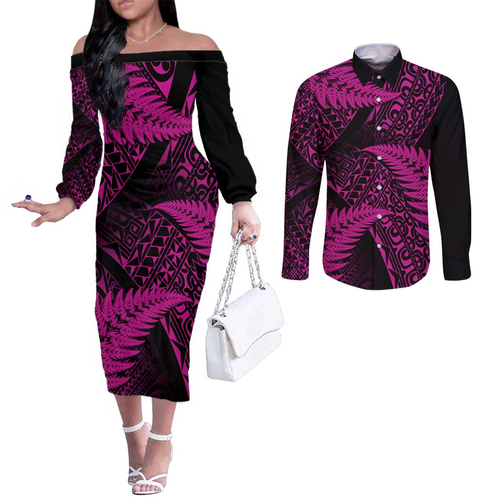 New Zealand Rugby Pacific Personalised Couples Matching Off The Shoulder Long Sleeve Dress and Long Sleeve Button Shirt All Pink Maori Pasifika Fern Pattern