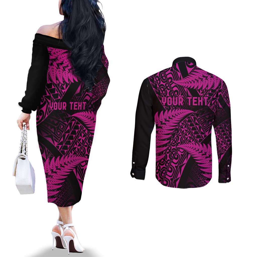 New Zealand Rugby Pacific Personalised Couples Matching Off The Shoulder Long Sleeve Dress and Long Sleeve Button Shirt All Pink Maori Pasifika Fern Pattern