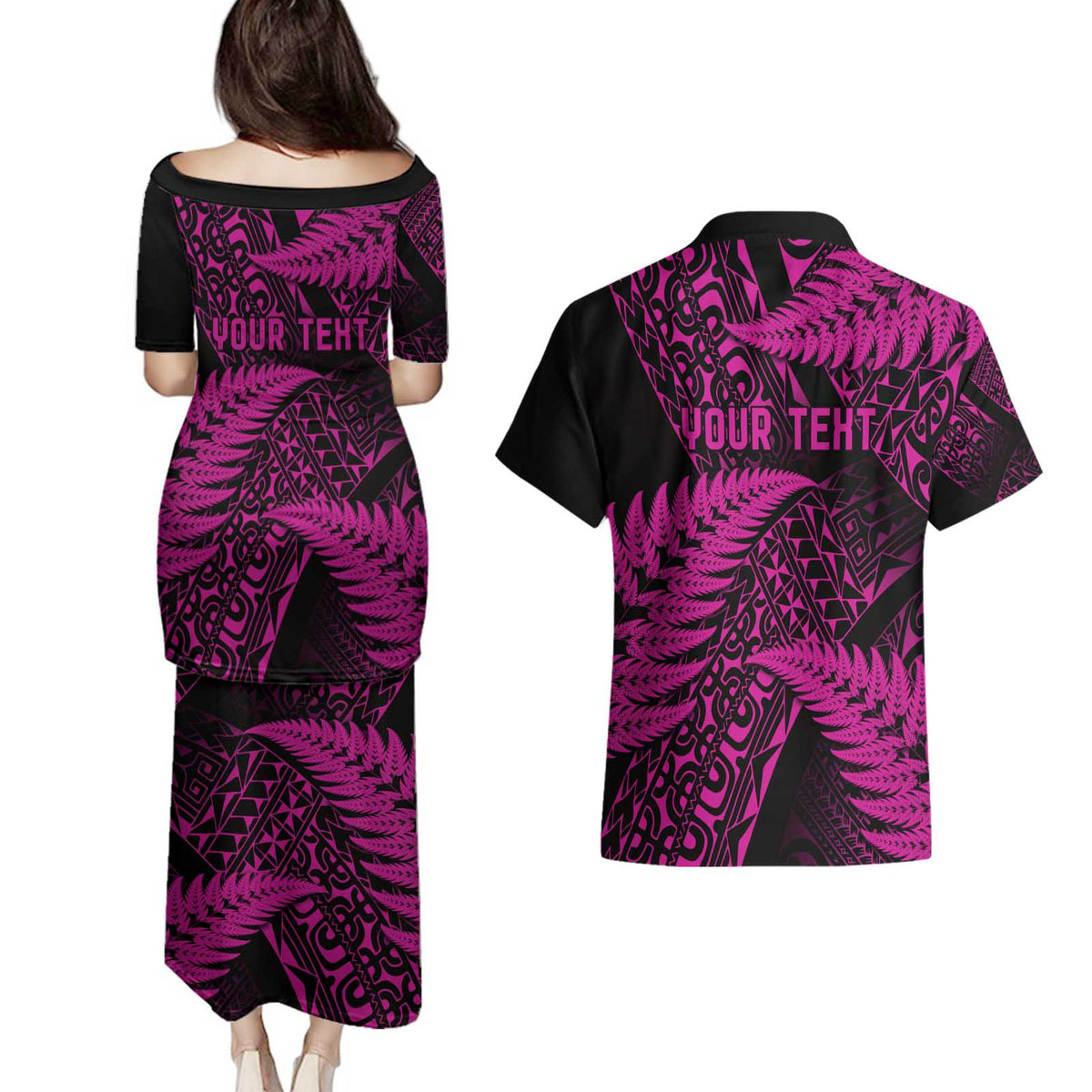 New Zealand Rugby Pacific Personalised Couples Matching Puletasi and Hawaiian Shirt All Pink Maori Pasifika Fern Pattern