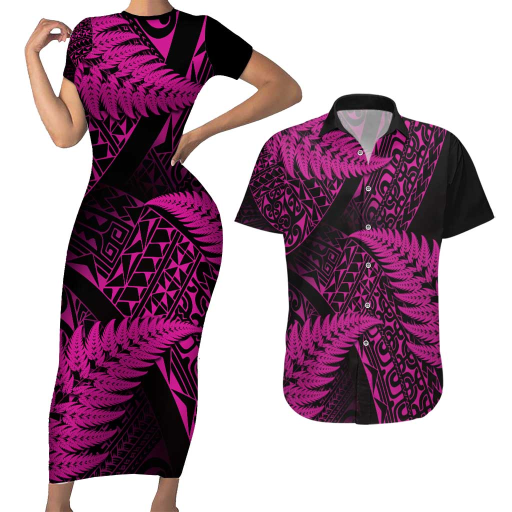 New Zealand Rugby Pacific Personalised Couples Matching Short Sleeve Bodycon Dress and Hawaiian Shirt All Pink Maori Pasifika Fern Pattern