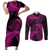 New Zealand Rugby Pacific Personalised Couples Matching Short Sleeve Bodycon Dress and Long Sleeve Button Shirt All Pink Maori Pasifika Fern Pattern