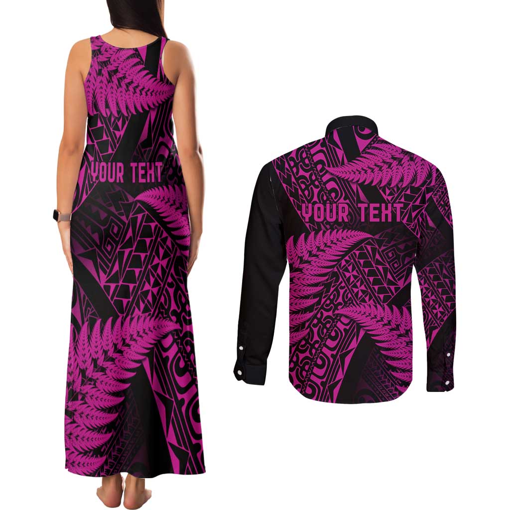 New Zealand Rugby Pacific Personalised Couples Matching Tank Maxi Dress and Long Sleeve Button Shirt All Pink Maori Pasifika Fern Pattern