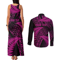 New Zealand Rugby Pacific Personalised Couples Matching Tank Maxi Dress and Long Sleeve Button Shirt All Pink Maori Pasifika Fern Pattern