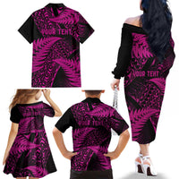 New Zealand Rugby Pacific Personalised Family Matching Off The Shoulder Long Sleeve Dress and Hawaiian Shirt All Pink Maori Pasifika Fern Pattern