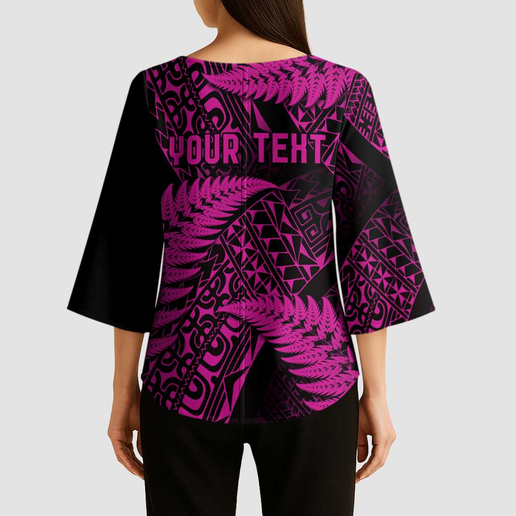 New Zealand Rugby Pacific Personalised Kimono Sleeve Blouse All Pink Maori Pasifika Fern Pattern - Polynesian Pride