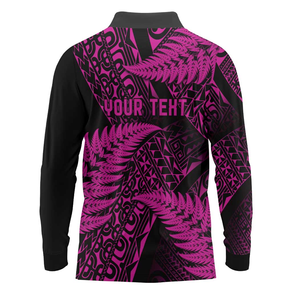 New Zealand Rugby Pacific Personalised Long Sleeve Polo Shirt All Pink Maori Pasifika Fern Pattern