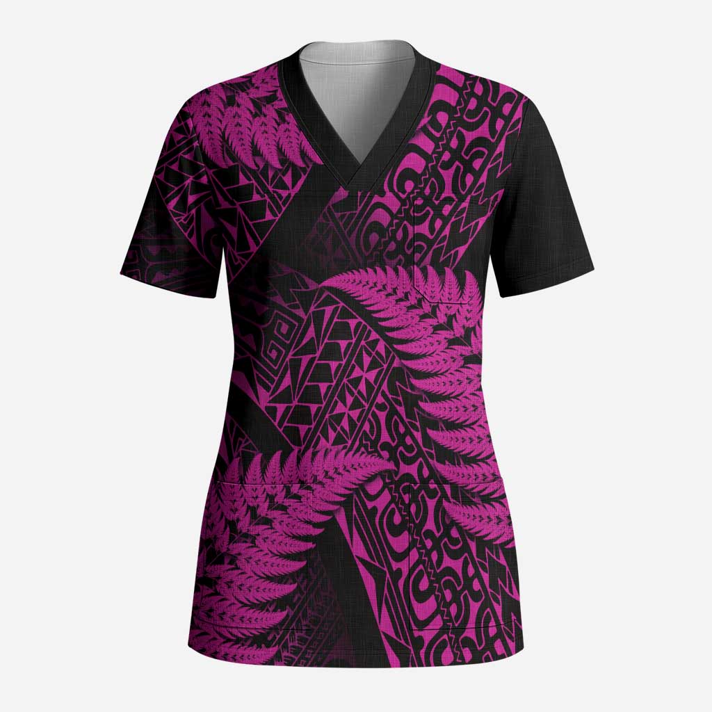 New Zealand Rugby Pacific Personalised Scrub Top All Pink Maori Pasifika Fern Pattern - Polynesian Pride