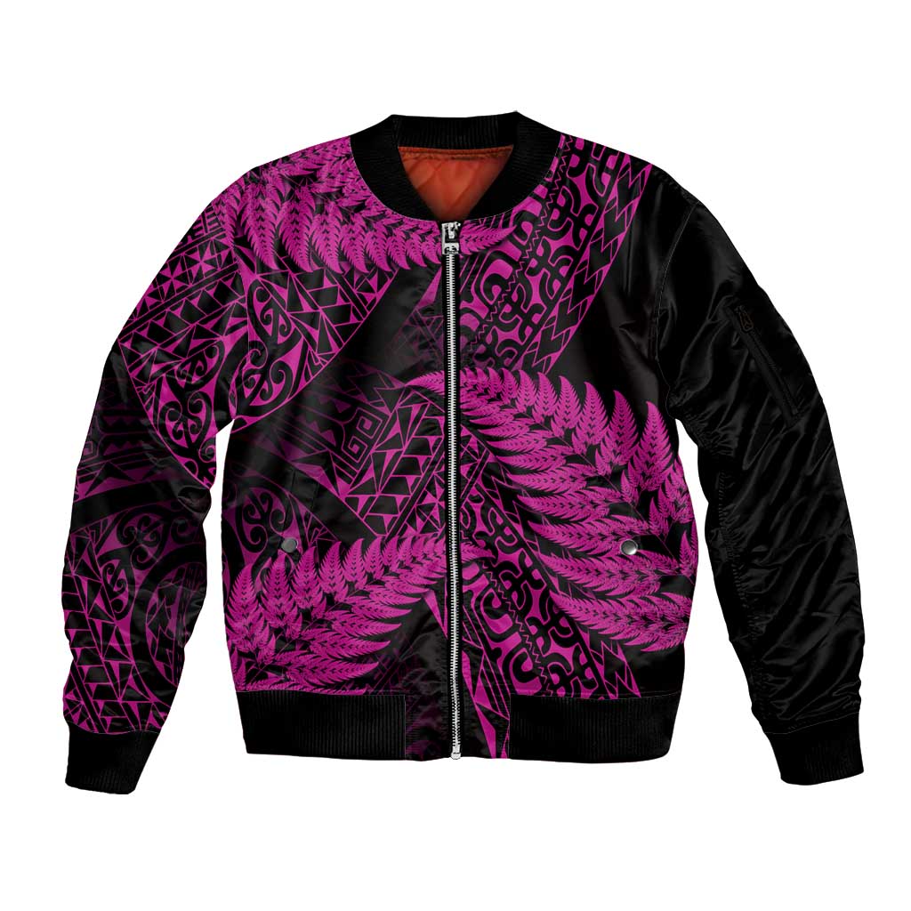 New Zealand Rugby Pacific Personalised Sleeve Zip Bomber Jacket All Pink Maori Pasifika Fern Pattern