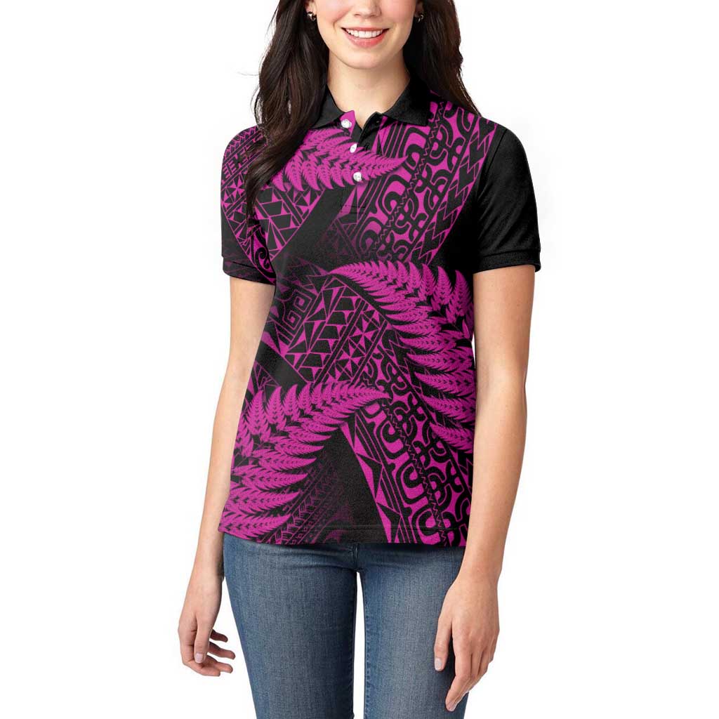 New Zealand Rugby Pacific Personalised Women Polo Shirt All Pink Maori Pasifika Fern Pattern