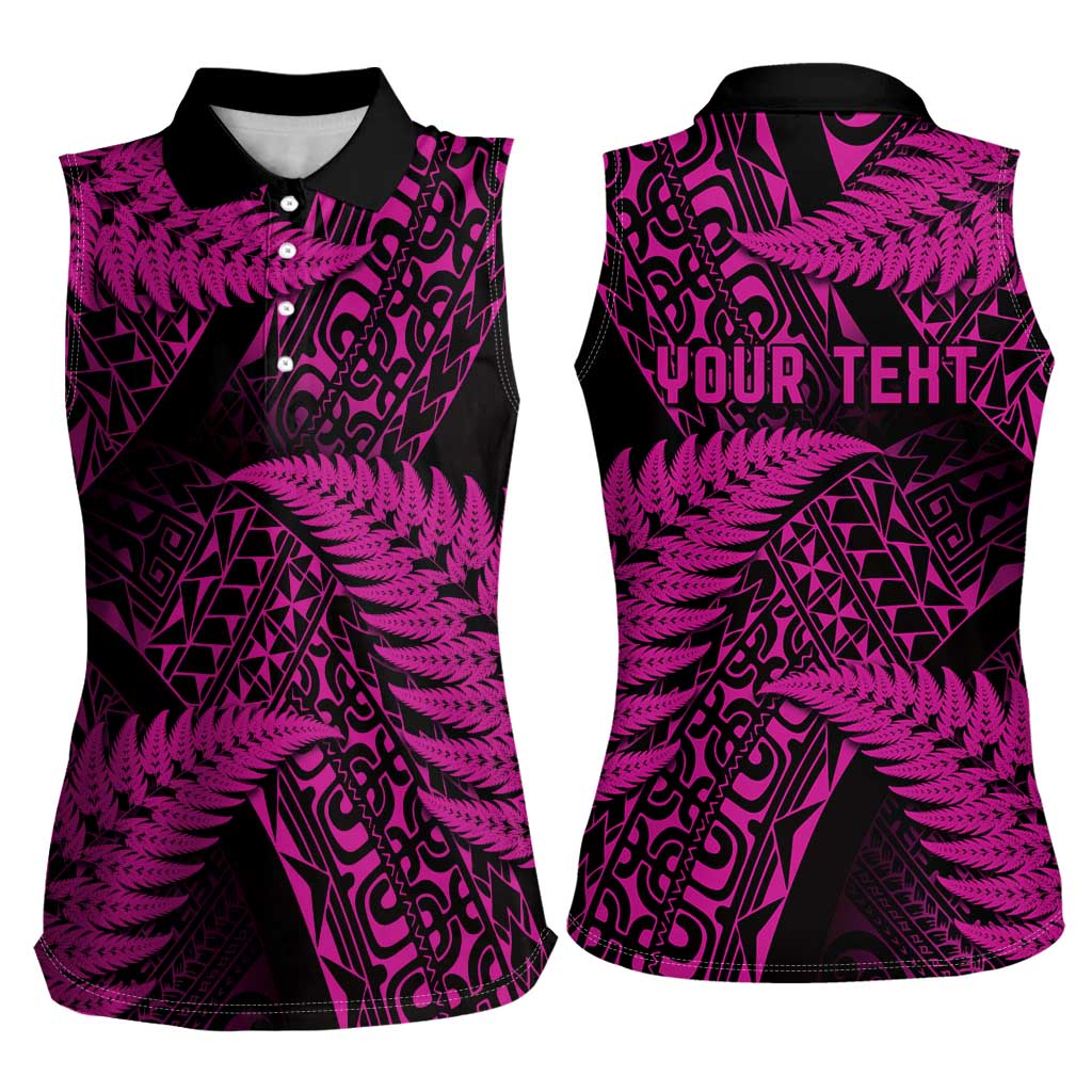 New Zealand Rugby Pacific Personalised Women Sleeveless Polo Shirt All Pink Maori Pasifika Fern Pattern