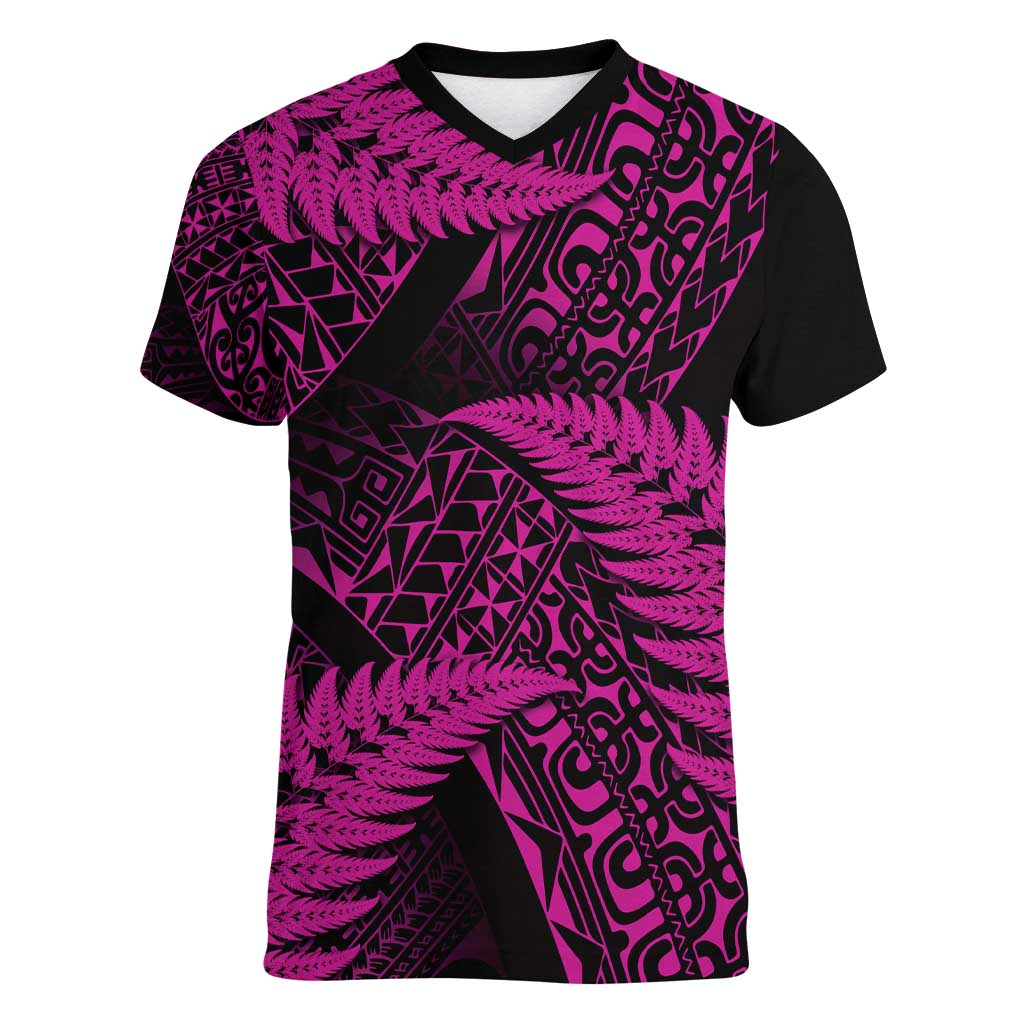 New Zealand Rugby Pacific Personalised Women V-Neck T-Shirt All Pink Maori Pasifika Fern Pattern
