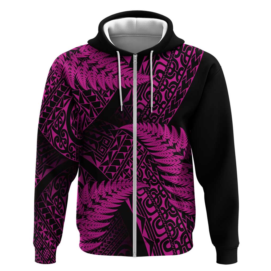 New Zealand Rugby Pacific Personalised Zip Hoodie All Pink Maori Pasifika Fern Pattern