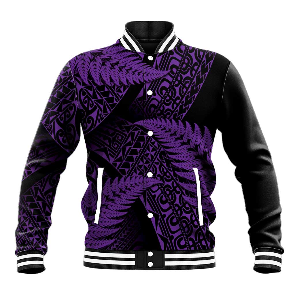 New Zealand Rugby Pacific Personalised Baseball Jacket All Purple Maori Pasifika Fern Pattern