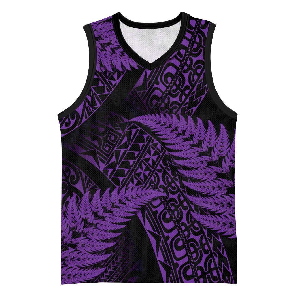 New Zealand Rugby Pacific Personalised Basketball Jersey All Purple Maori Pasifika Fern Pattern - Polynesian Pride