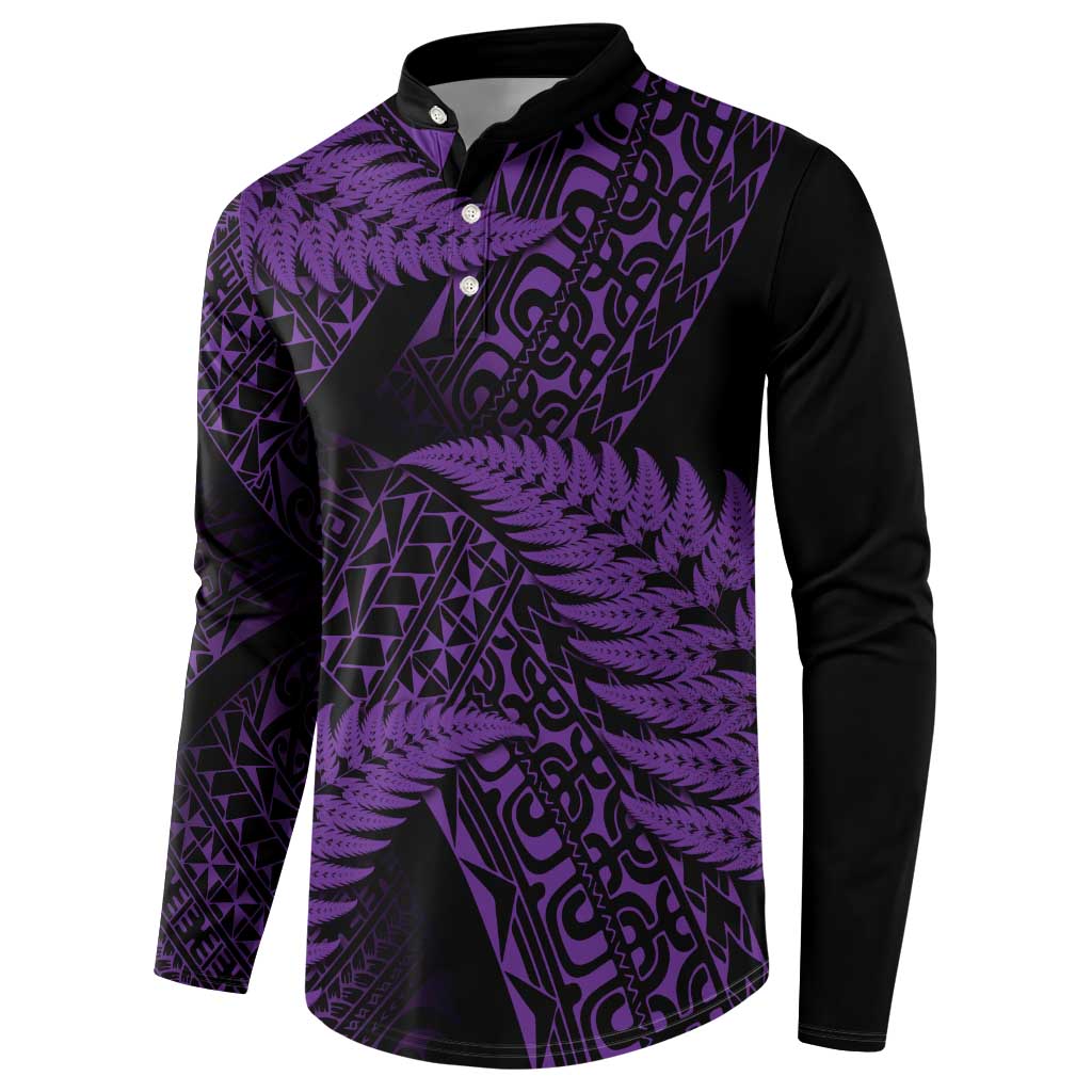New Zealand Rugby Pacific Personalised Button Sweatshirt All Purple Maori Pasifika Fern Pattern