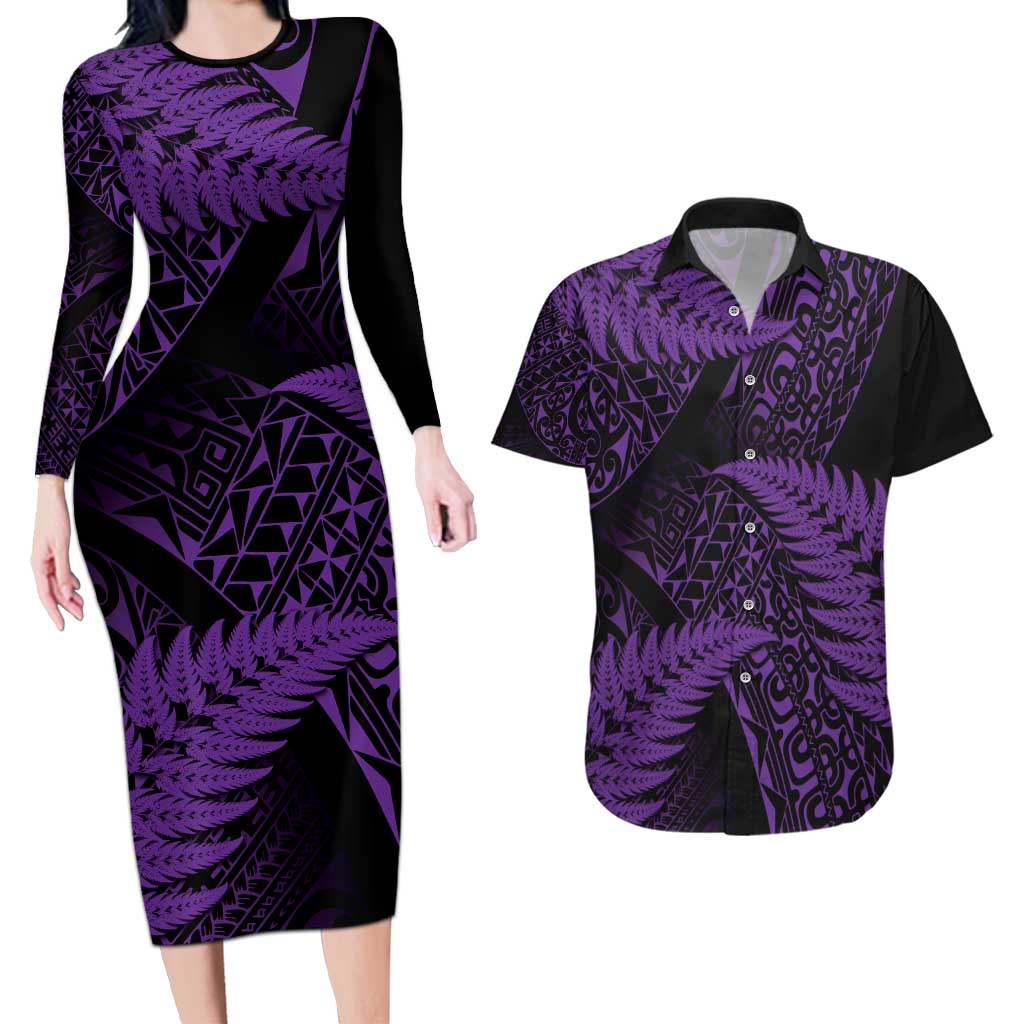 New Zealand Rugby Pacific Personalised Couples Matching Long Sleeve Bodycon Dress and Hawaiian Shirt All Purple Maori Pasifika Fern Pattern