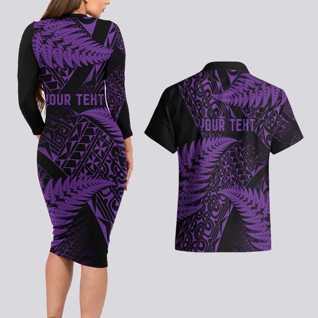New Zealand Rugby Pacific Personalised Couples Matching Long Sleeve Bodycon Dress and Hawaiian Shirt All Purple Maori Pasifika Fern Pattern