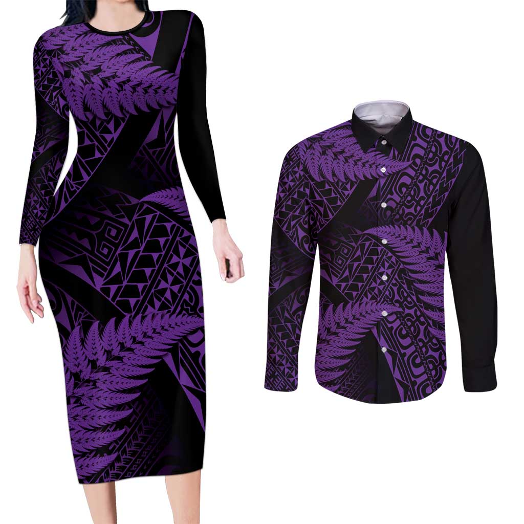 New Zealand Rugby Pacific Personalised Couples Matching Long Sleeve Bodycon Dress and Long Sleeve Button Shirt All Purple Maori Pasifika Fern Pattern