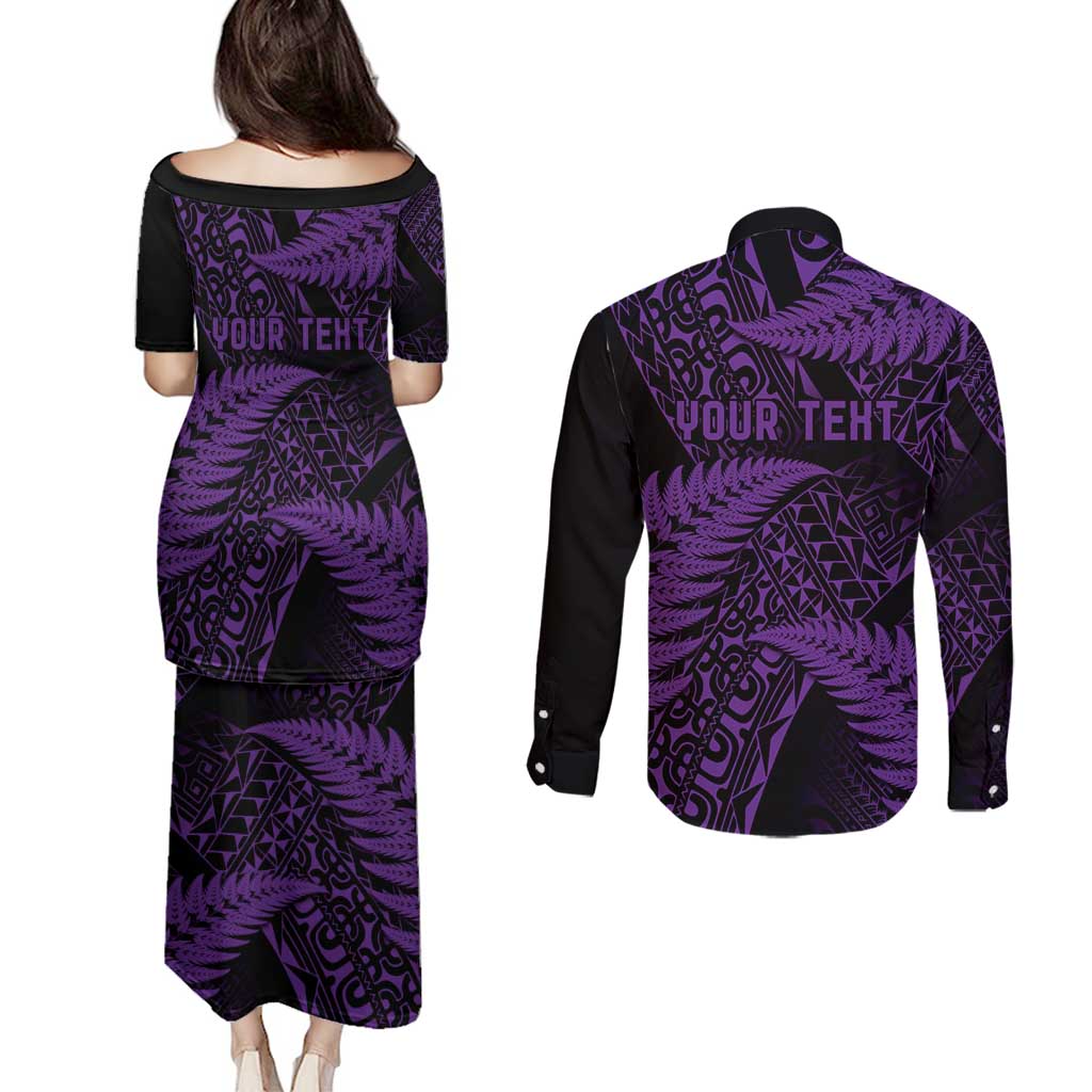 New Zealand Rugby Pacific Personalised Couples Matching Puletasi and Long Sleeve Button Shirt All Purple Maori Pasifika Fern Pattern