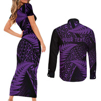 New Zealand Rugby Pacific Personalised Couples Matching Short Sleeve Bodycon Dress and Long Sleeve Button Shirt All Purple Maori Pasifika Fern Pattern