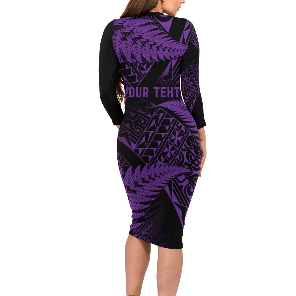 New Zealand Rugby Pacific Personalised Family Matching Long Sleeve Bodycon Dress and Hawaiian Shirt All Purple Maori Pasifika Fern Pattern