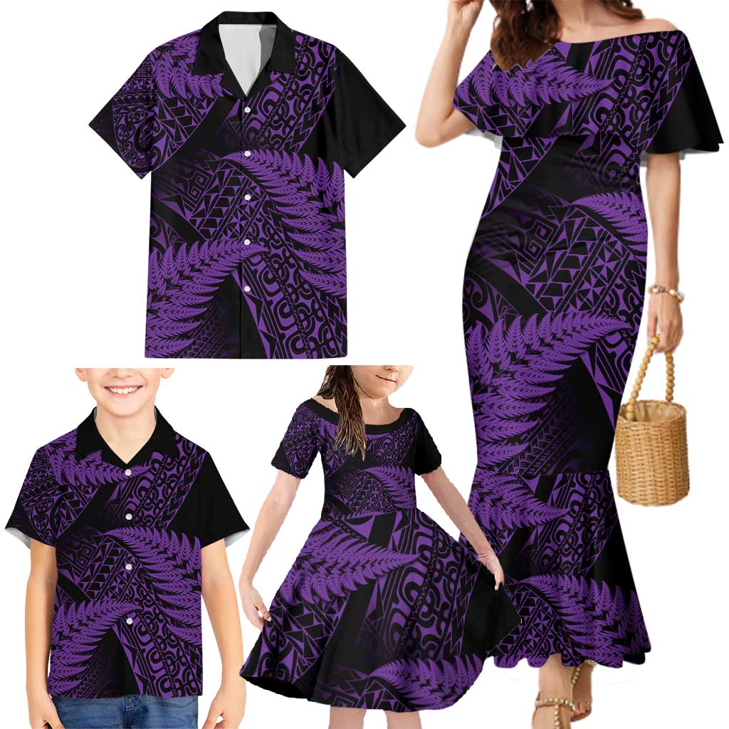 New Zealand Rugby Pacific Personalised Family Matching Mermaid Dress and Hawaiian Shirt All Purple Maori Pasifika Fern Pattern