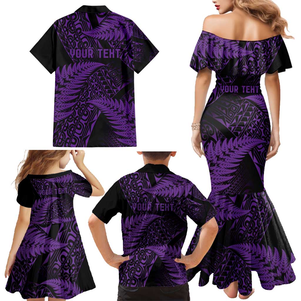 New Zealand Rugby Pacific Personalised Family Matching Mermaid Dress and Hawaiian Shirt All Purple Maori Pasifika Fern Pattern