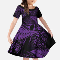 New Zealand Rugby Pacific Personalised Family Matching Off The Shoulder Long Sleeve Dress and Hawaiian Shirt All Purple Maori Pasifika Fern Pattern