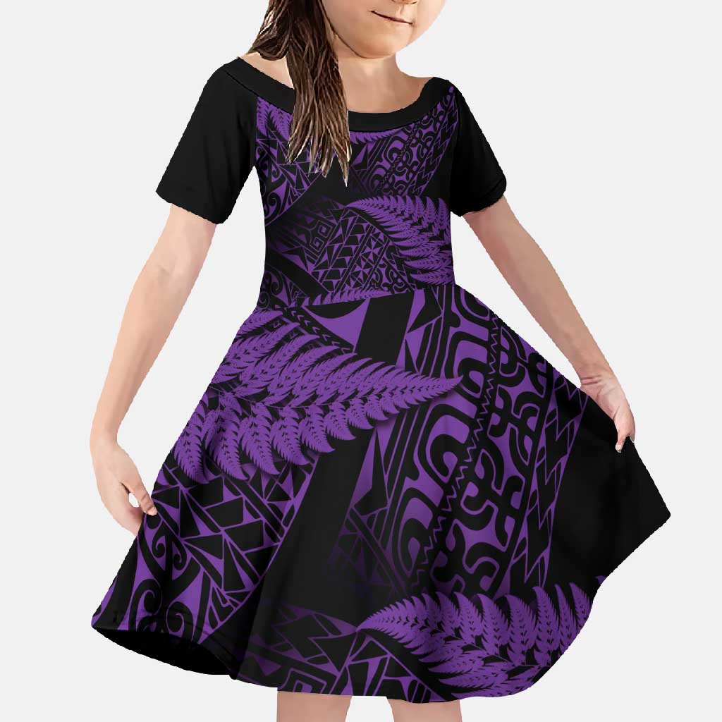New Zealand Rugby Pacific Personalised Family Matching Off Shoulder Maxi Dress and Hawaiian Shirt All Purple Maori Pasifika Fern Pattern