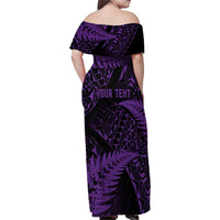 New Zealand Rugby Pacific Personalised Family Matching Off Shoulder Maxi Dress and Hawaiian Shirt All Purple Maori Pasifika Fern Pattern