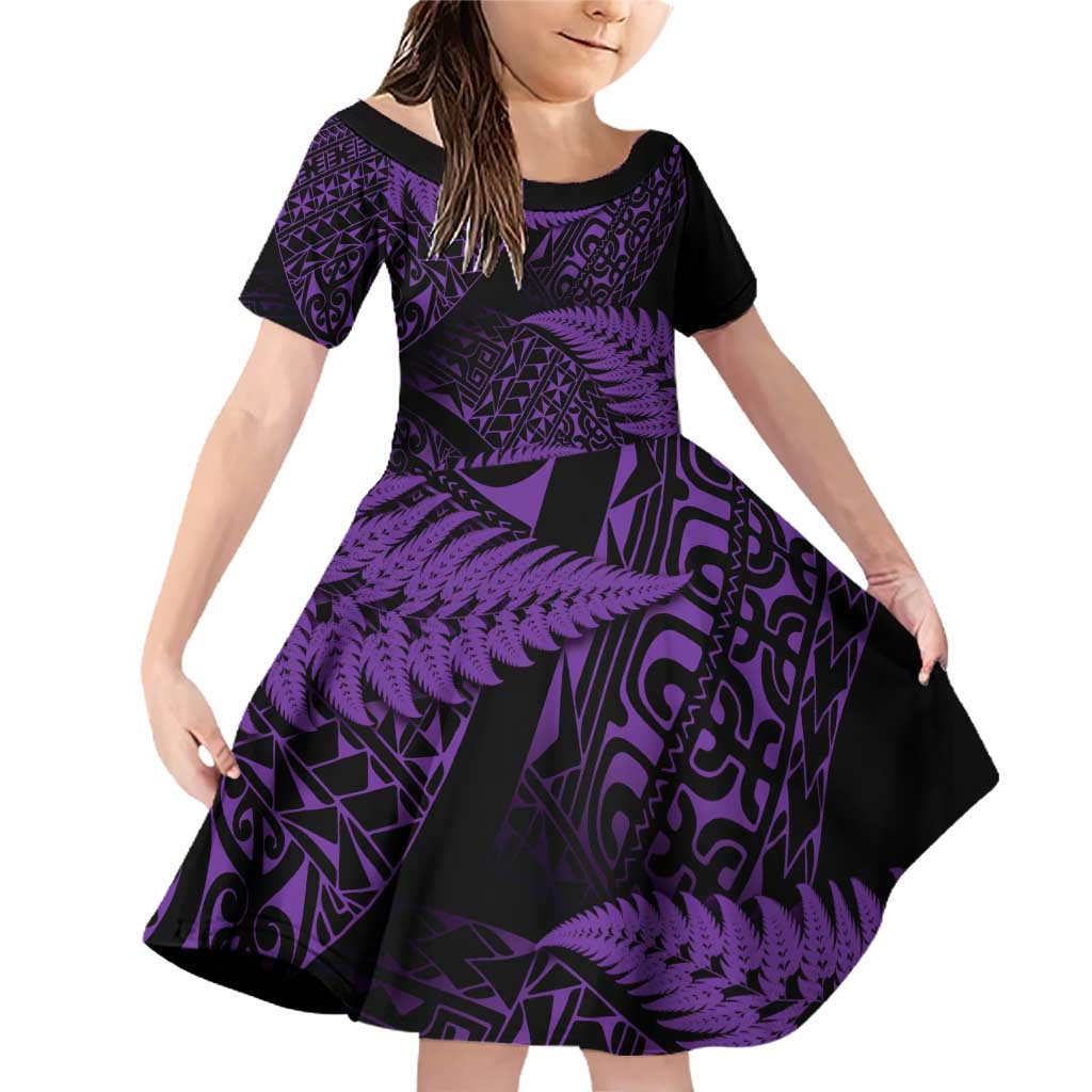 New Zealand Rugby Pacific Personalised Family Matching Off Shoulder Short Dress and Hawaiian Shirt All Purple Maori Pasifika Fern Pattern