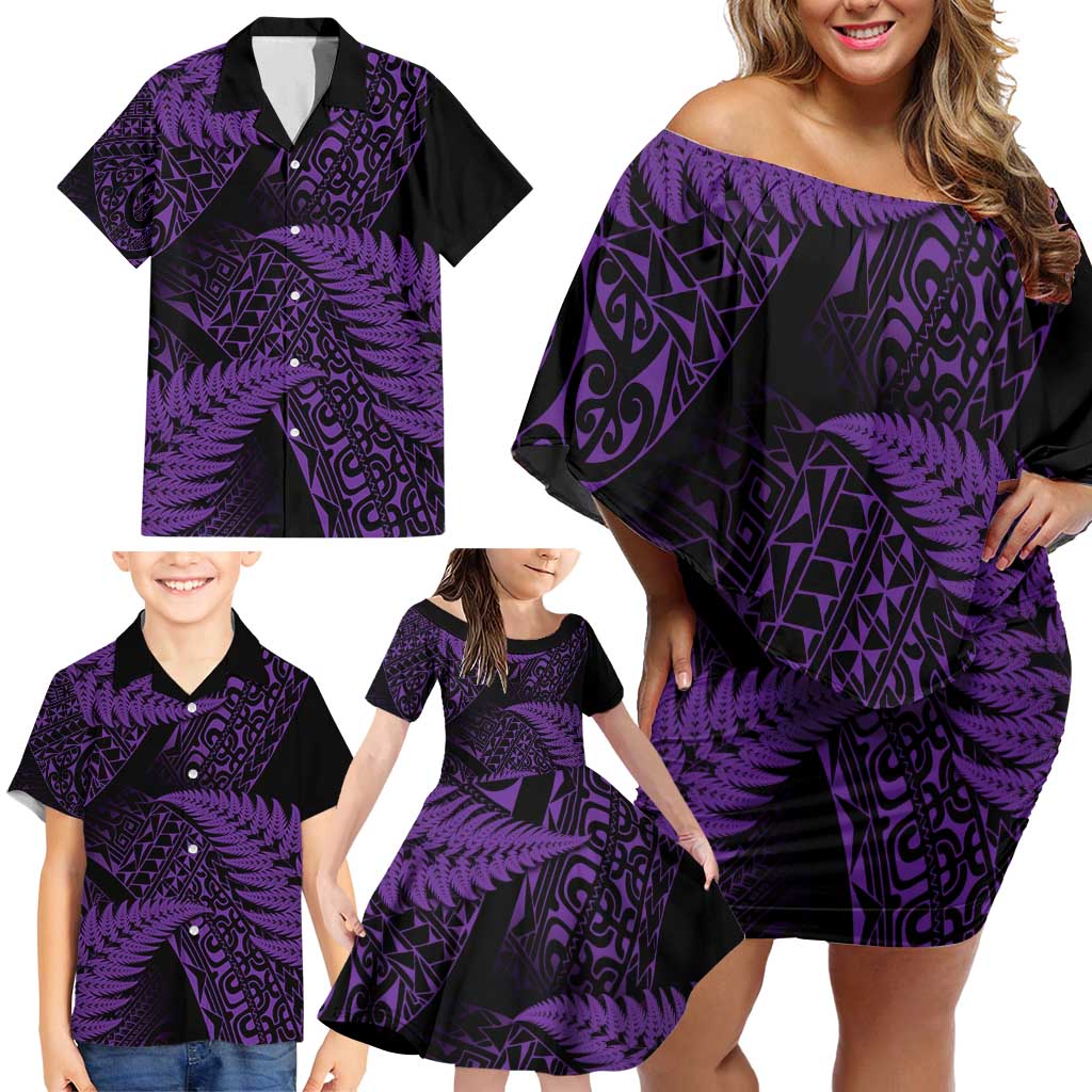 New Zealand Rugby Pacific Personalised Family Matching Off Shoulder Short Dress and Hawaiian Shirt All Purple Maori Pasifika Fern Pattern