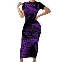 New Zealand Rugby Pacific Personalised Family Matching Short Sleeve Bodycon Dress and Hawaiian Shirt All Purple Maori Pasifika Fern Pattern