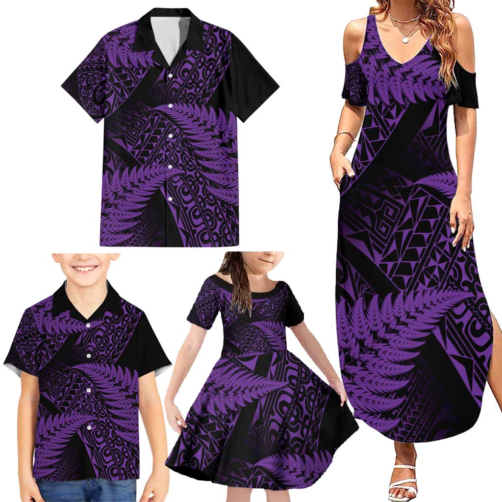 New Zealand Rugby Pacific Personalised Family Matching Summer Maxi Dress and Hawaiian Shirt All Purple Maori Pasifika Fern Pattern