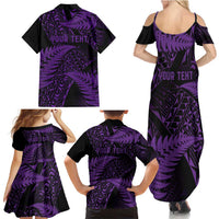 New Zealand Rugby Pacific Personalised Family Matching Summer Maxi Dress and Hawaiian Shirt All Purple Maori Pasifika Fern Pattern