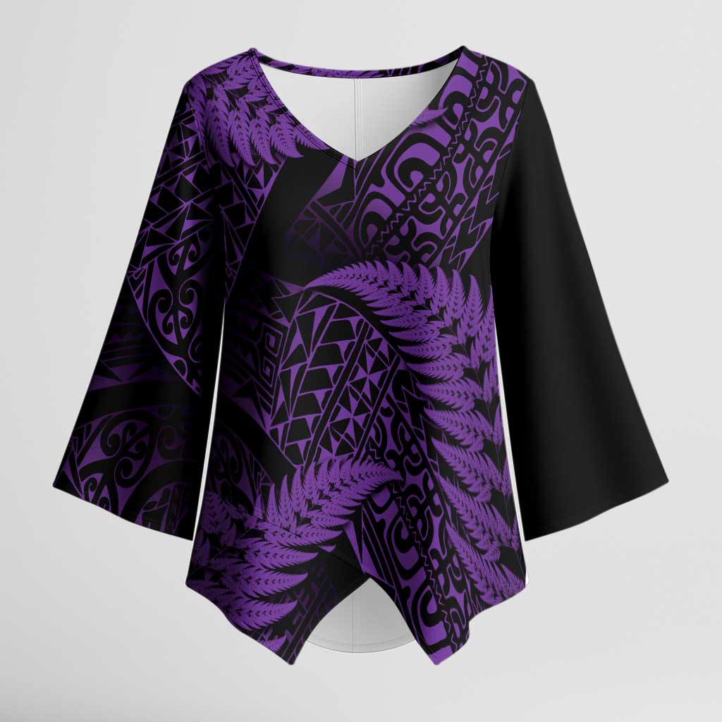New Zealand Rugby Pacific Personalised Kimono Sleeve Blouse All Purple Maori Pasifika Fern Pattern - Polynesian Pride