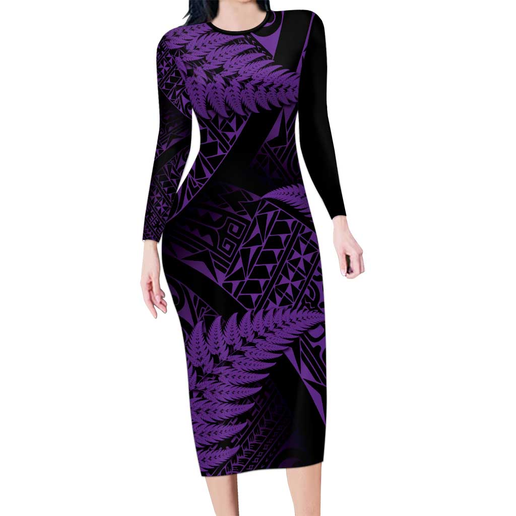 New Zealand Rugby Pacific Personalised Long Sleeve Bodycon Dress All Purple Maori Pasifika Fern Pattern