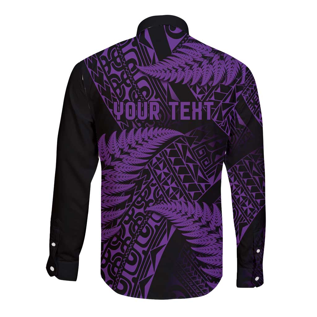 New Zealand Rugby Pacific Personalised Long Sleeve Button Shirt All Purple Maori Pasifika Fern Pattern